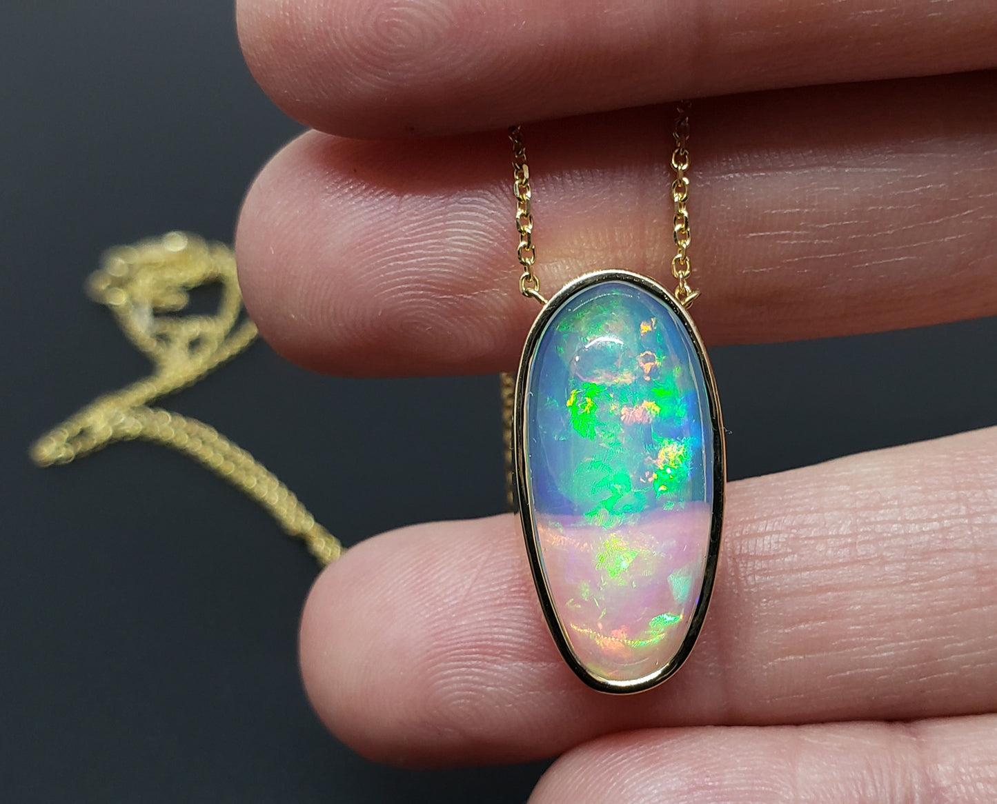 Natural Blue Green Opal Pendant 14k Yellow Gold Split Chain Necklace #145