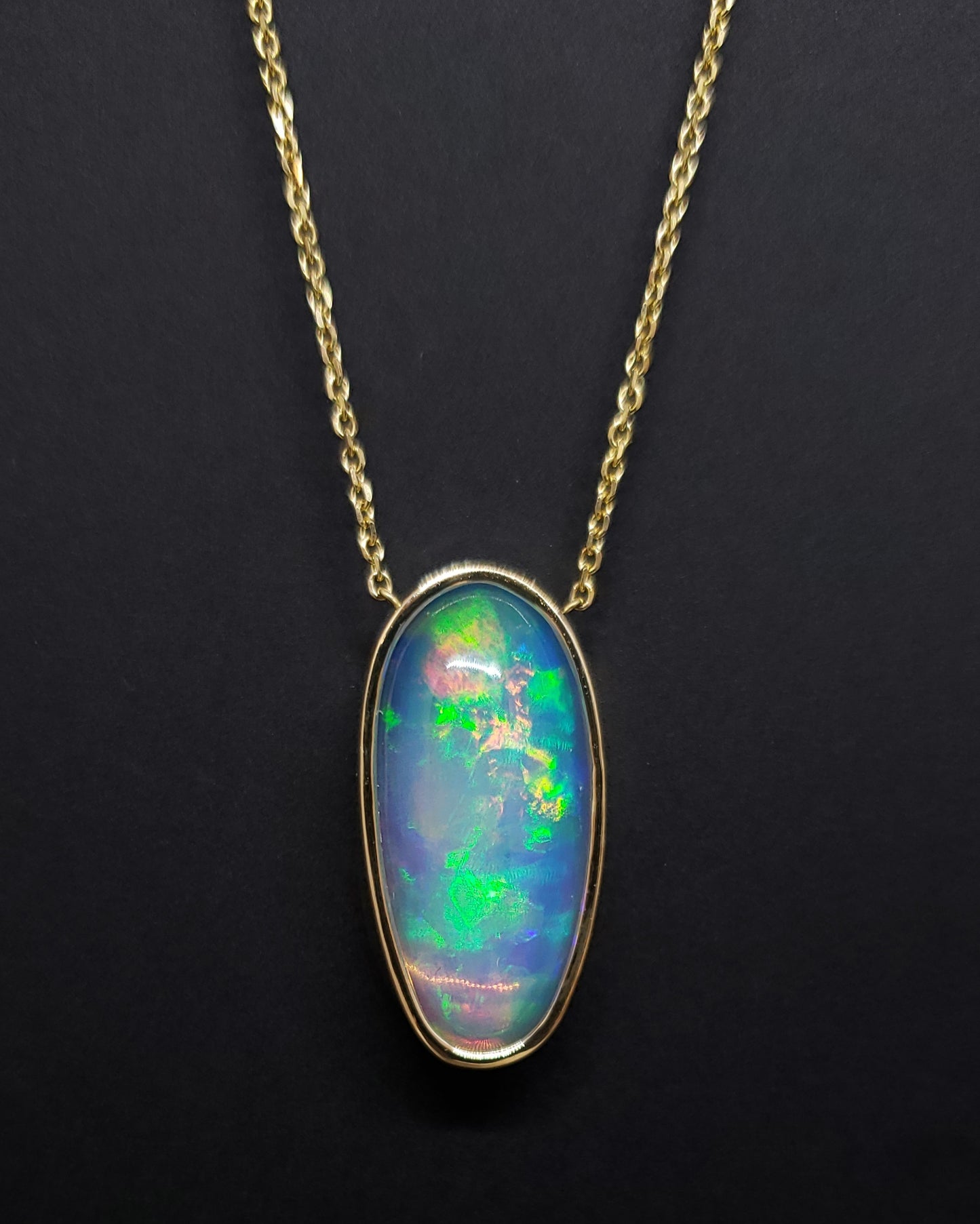 Natural Blue Green Opal Pendant 14k Yellow Gold Split Chain Necklace #145