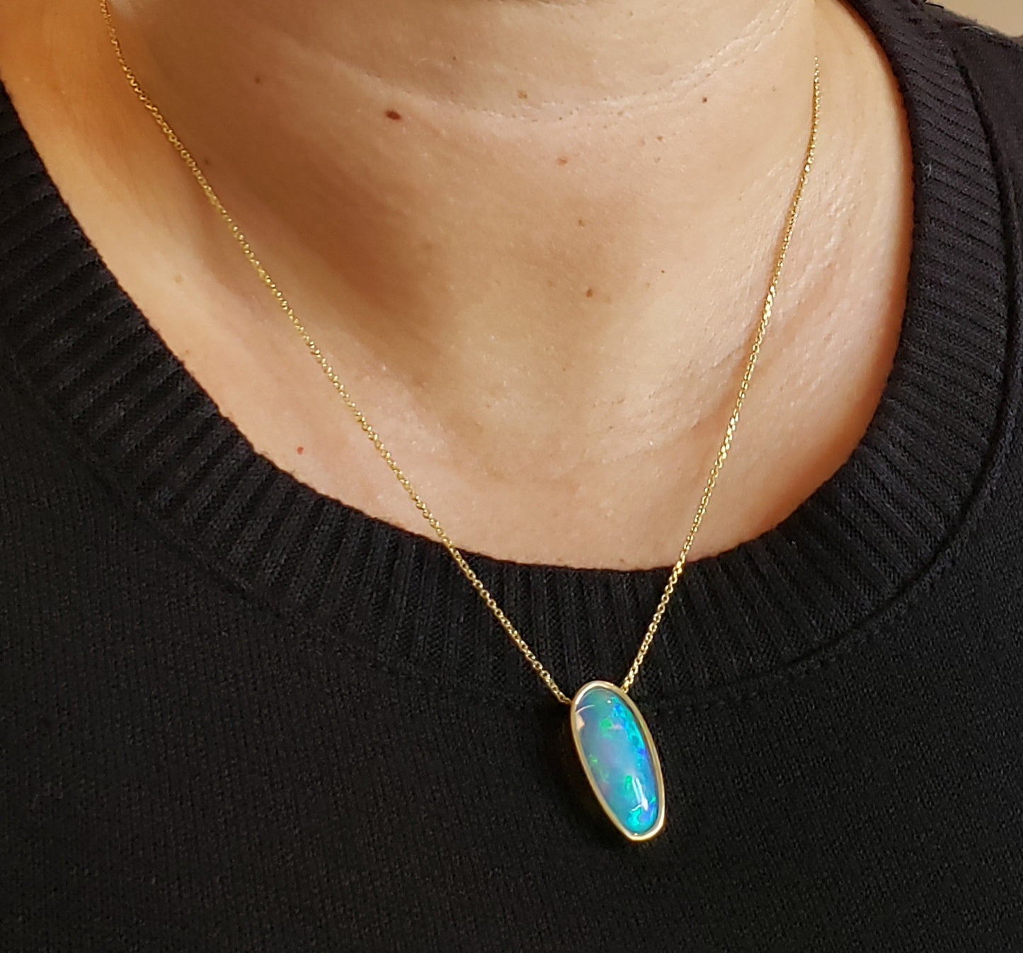 Natural Blue Green Opal Pendant 14k Yellow Gold Split Chain Necklace #145