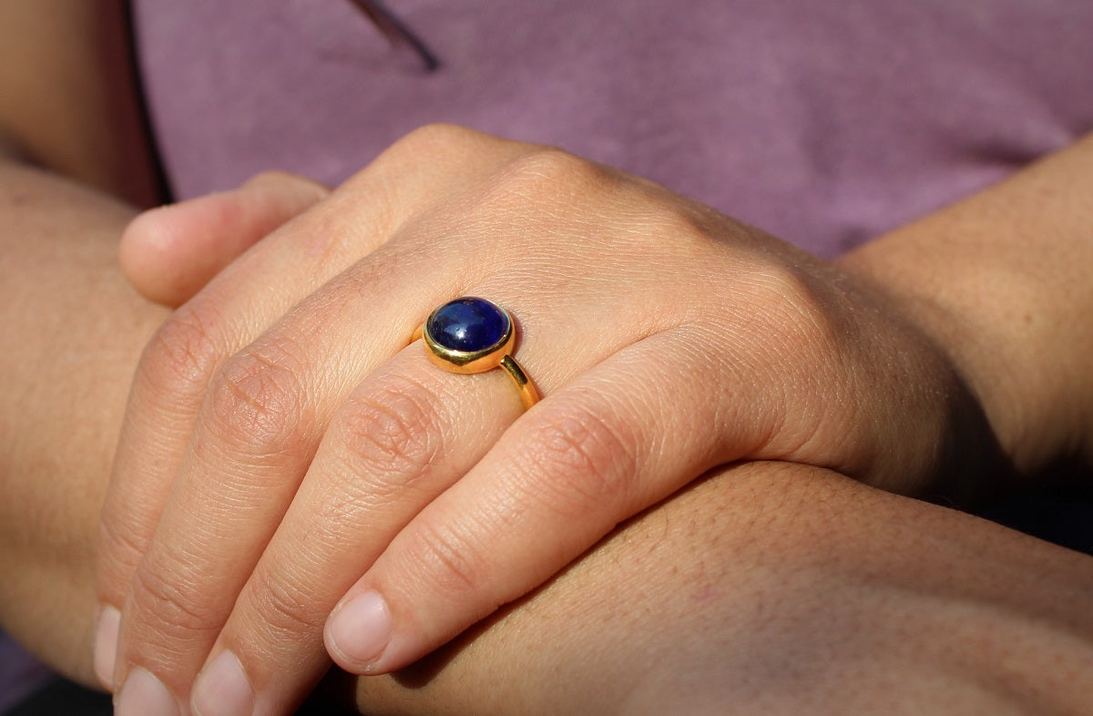 Blue Lapis Lazuli Ring - 24k Gold Plated - Adjustable Size - Joy#174