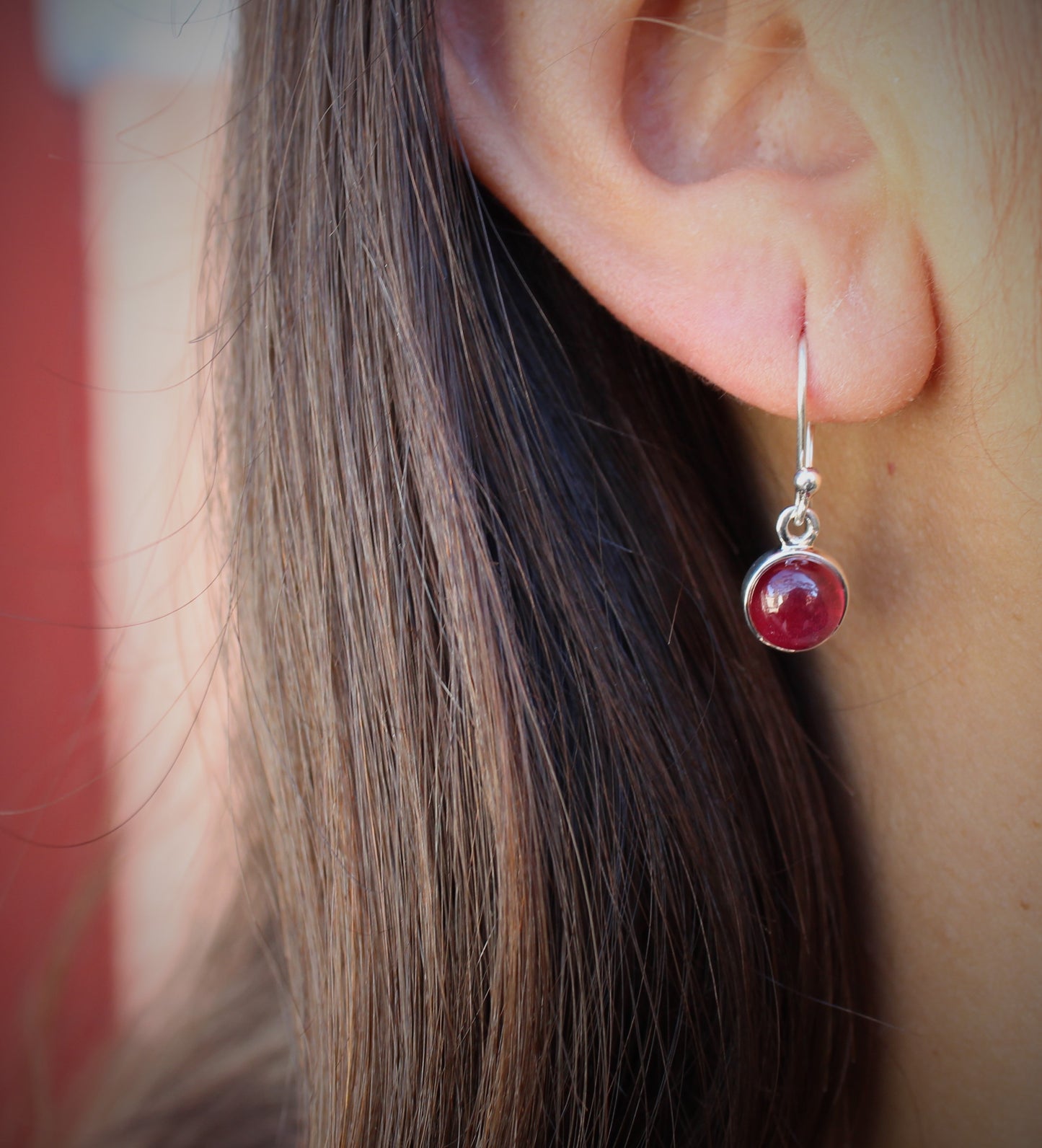 Ruby Round Dangle Earrings- Sterling Silver - Joy#184
