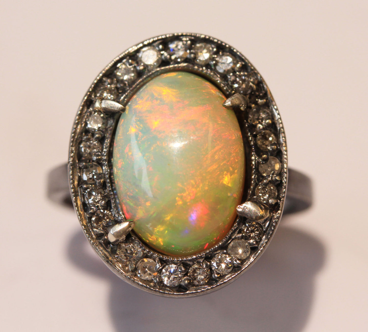 Opal & Diamond Ring- Sterling Silver Rhodium Plated #1394