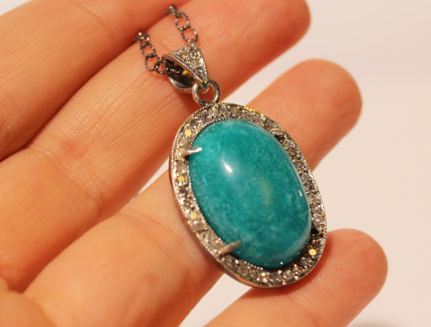 Green Amazonite Gemstone Pendant Diamond Accents #1392
