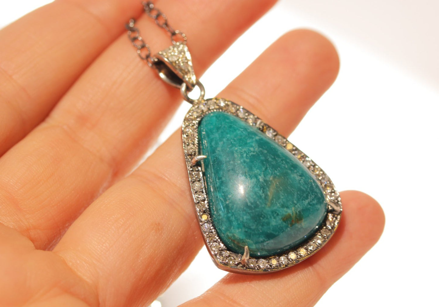 Green Amazonite Gemstone Pendant Diamond Accents #1398