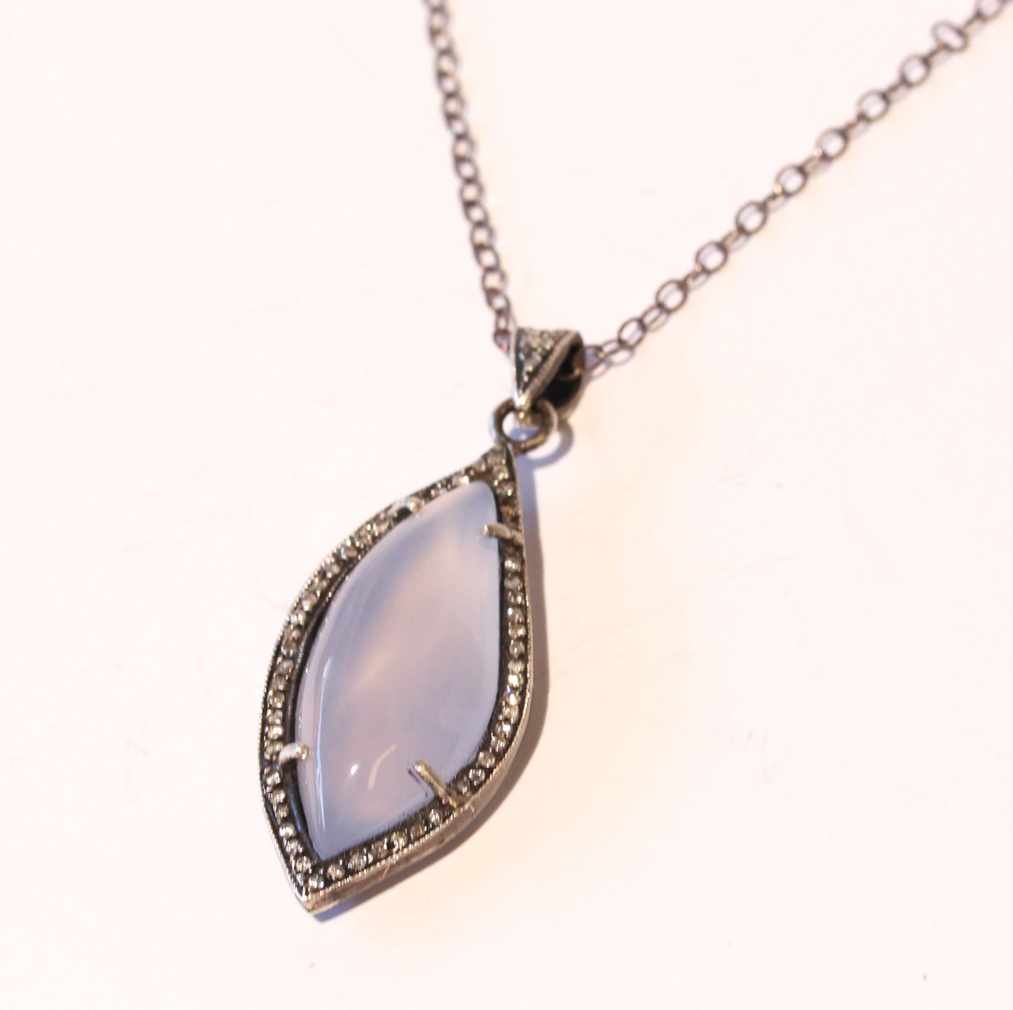 Chalcedony & Diamond Pendant- Rhodium Plated Sterling Silver #1399