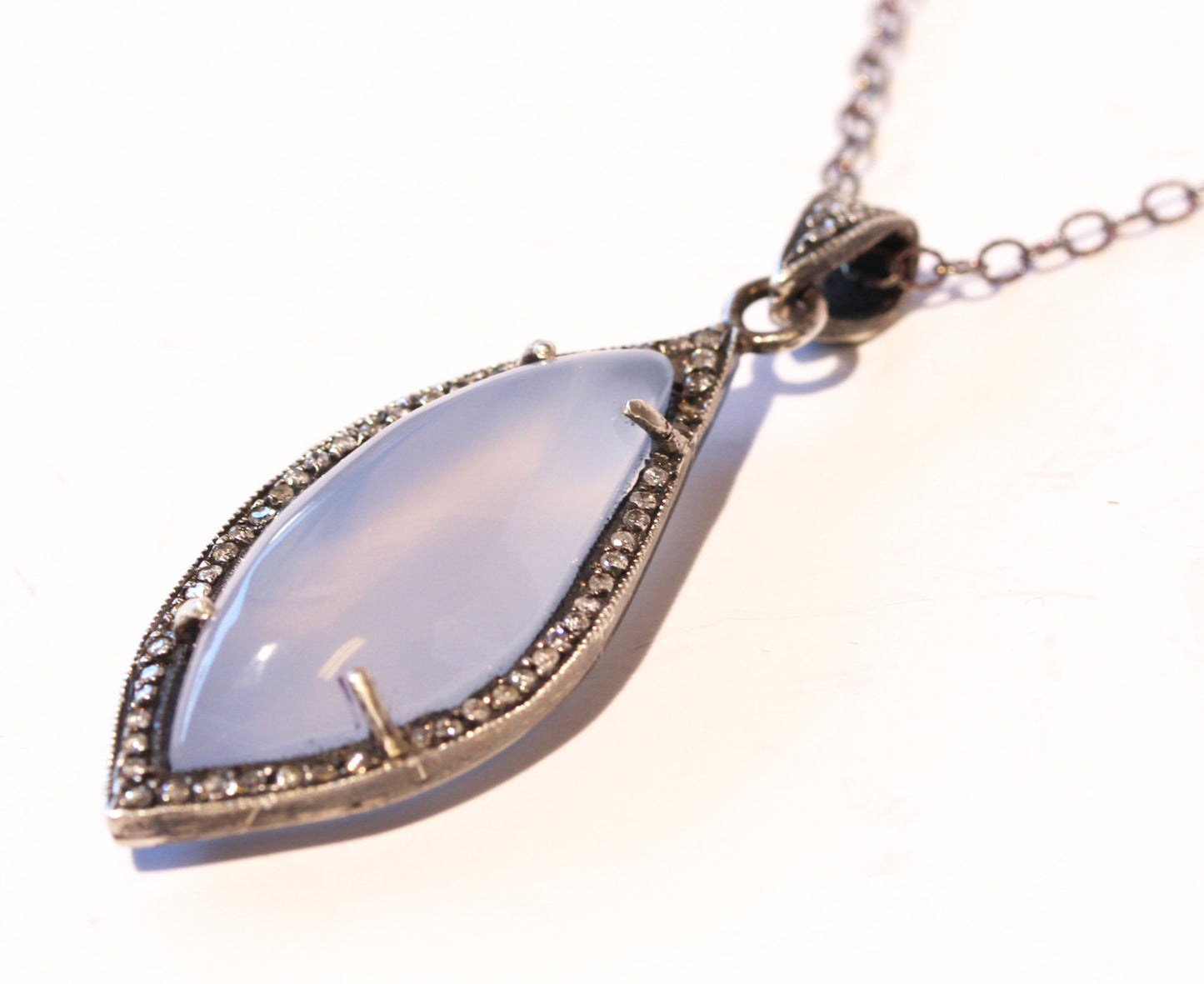 Chalcedony & Diamond Pendant- Rhodium Plated Sterling Silver #1399