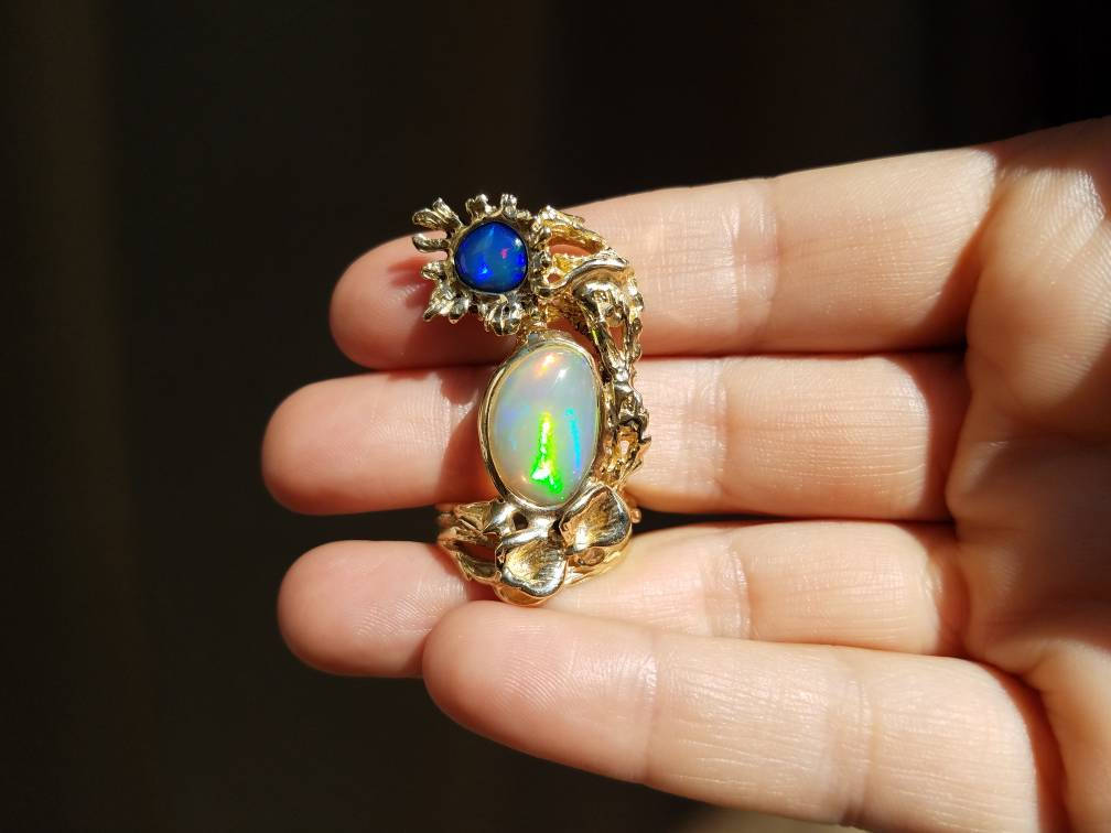Opal Ring 14k Solid Yellow Gold - Size 7 - Natural Gemstones #1493