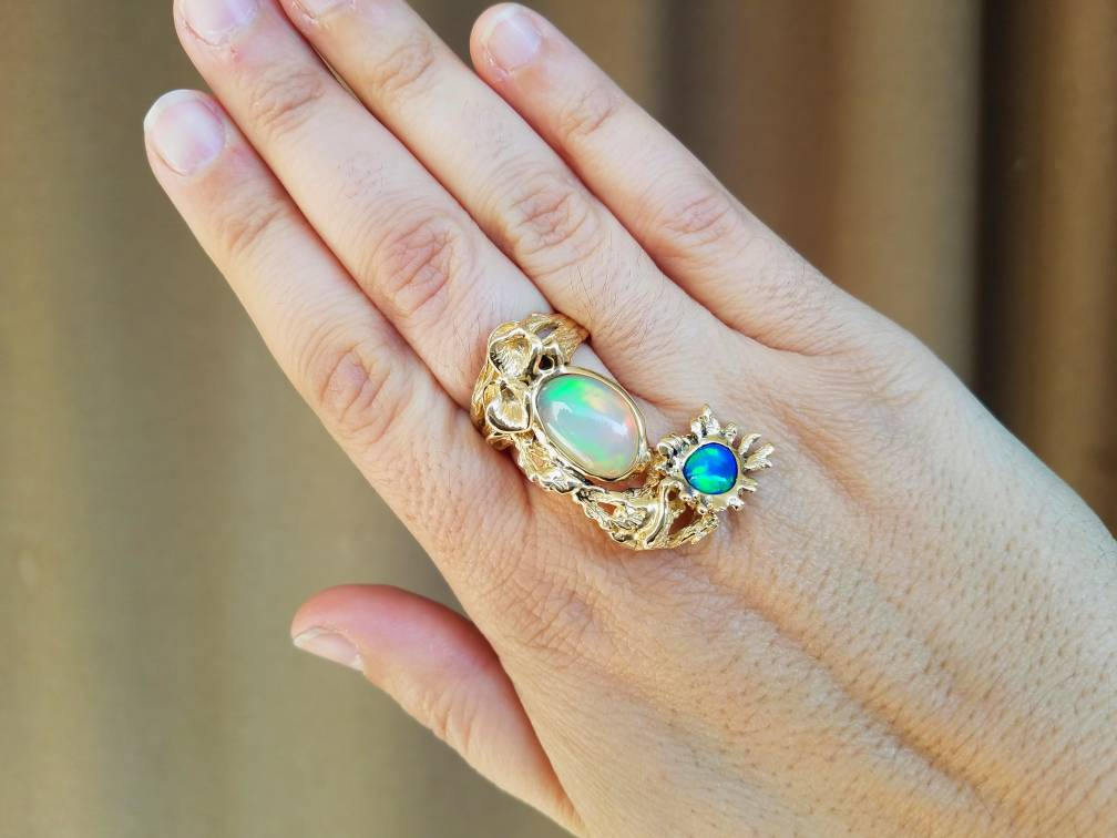 Opal Ring 14k Solid Yellow Gold - Size 7 - Natural Gemstones #1493