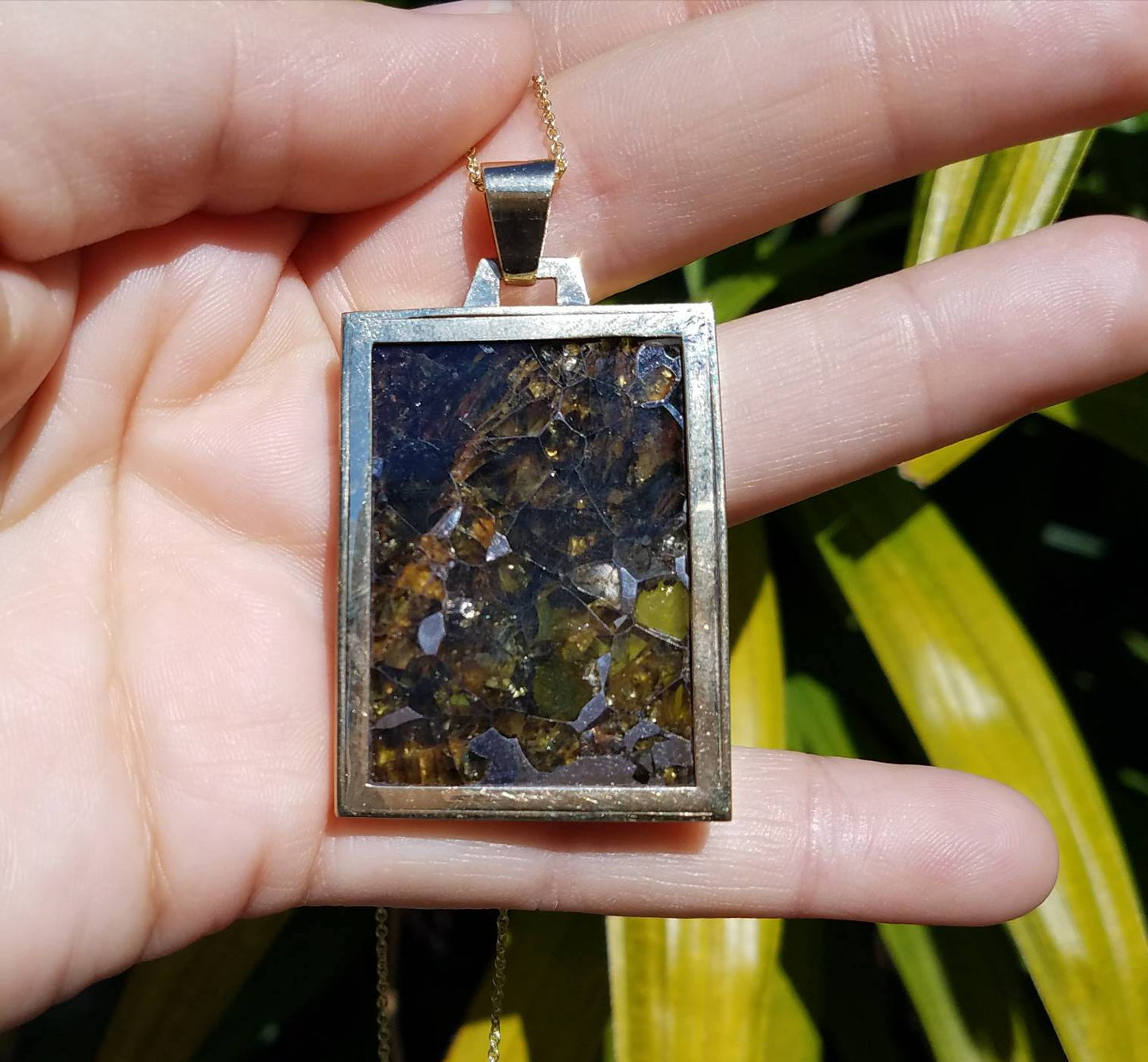 Pallasite Meteorite Pendant 14k Gold -Russian Meteorite Necklace