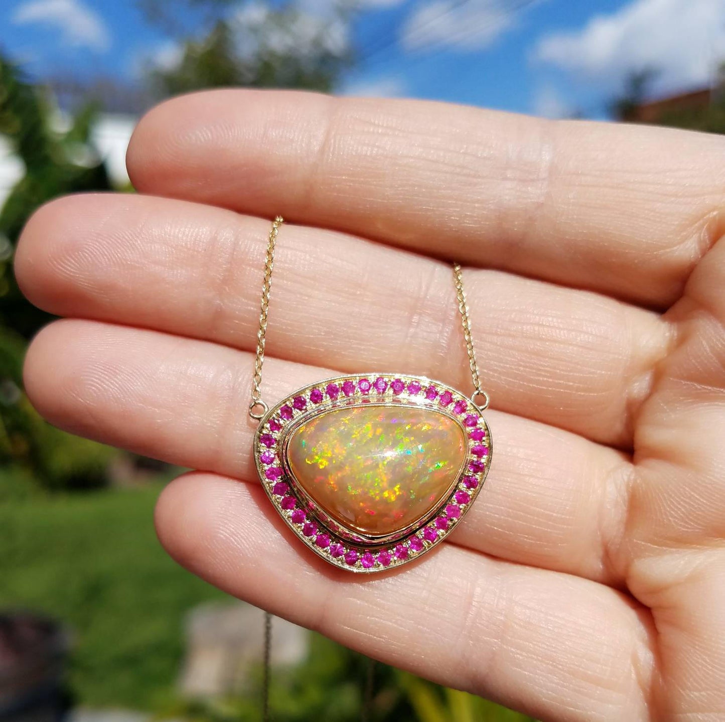 Opal & Ruby 14k Gold Pendant Split Chain Necklace #1501