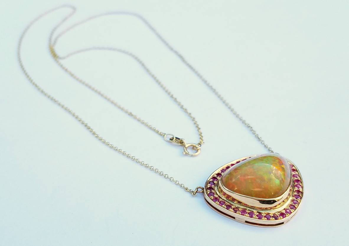 Opal & Ruby 14k Gold Pendant Split Chain Necklace #1501