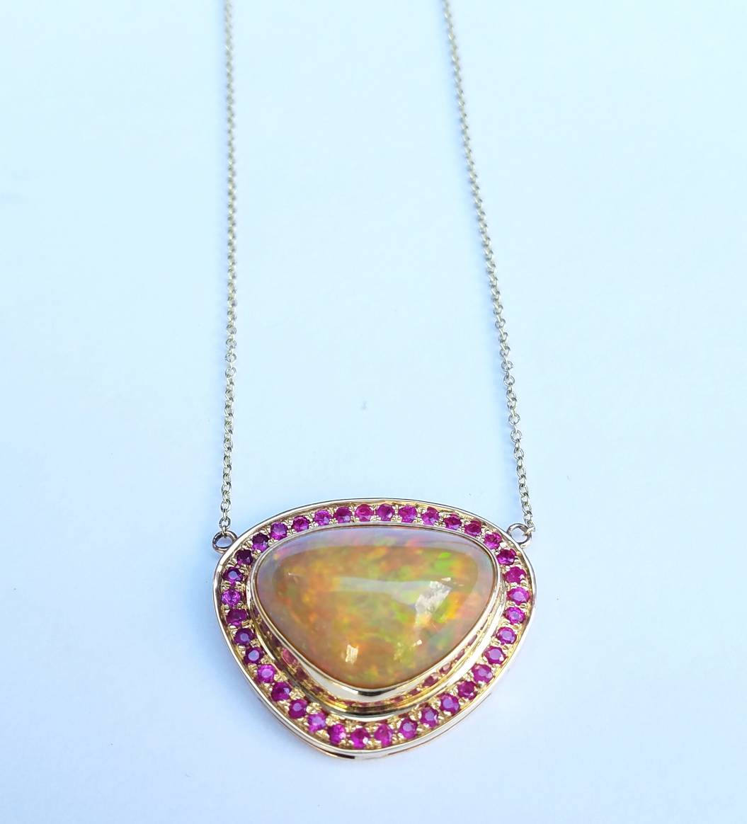 Opal & Ruby 14k Gold Pendant Split Chain Necklace #1501