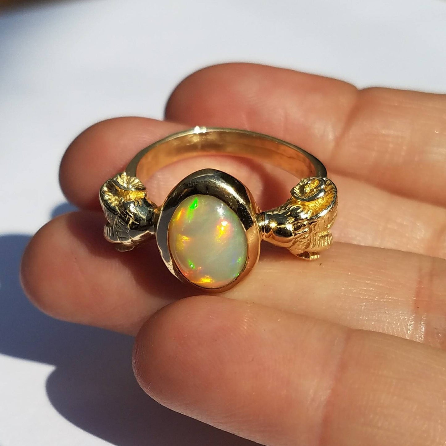 Opal Ring - Ram Head Ring 14k Gold - Size 8 #1505