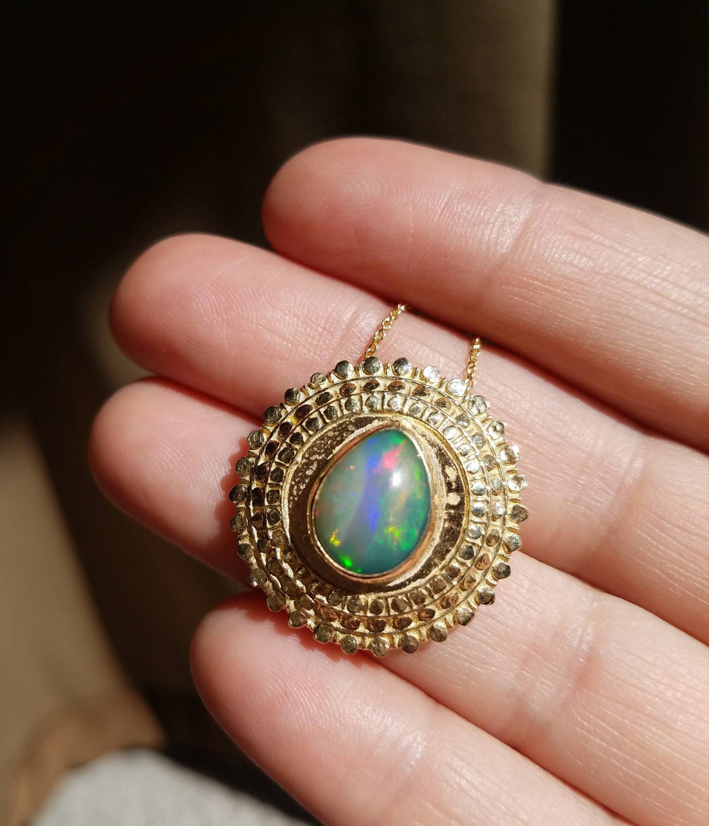 Opal Medallion Pendant 14k Gold Necklace