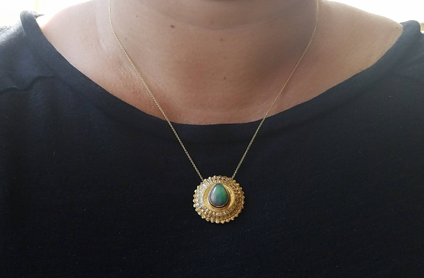 Opal Medallion Pendant 14k Gold Necklace