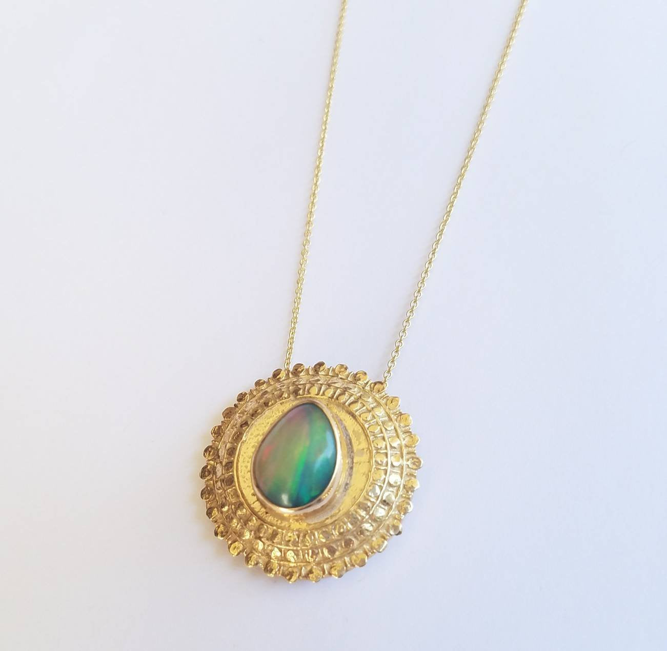 Opal Medallion Pendant 14k Gold Necklace