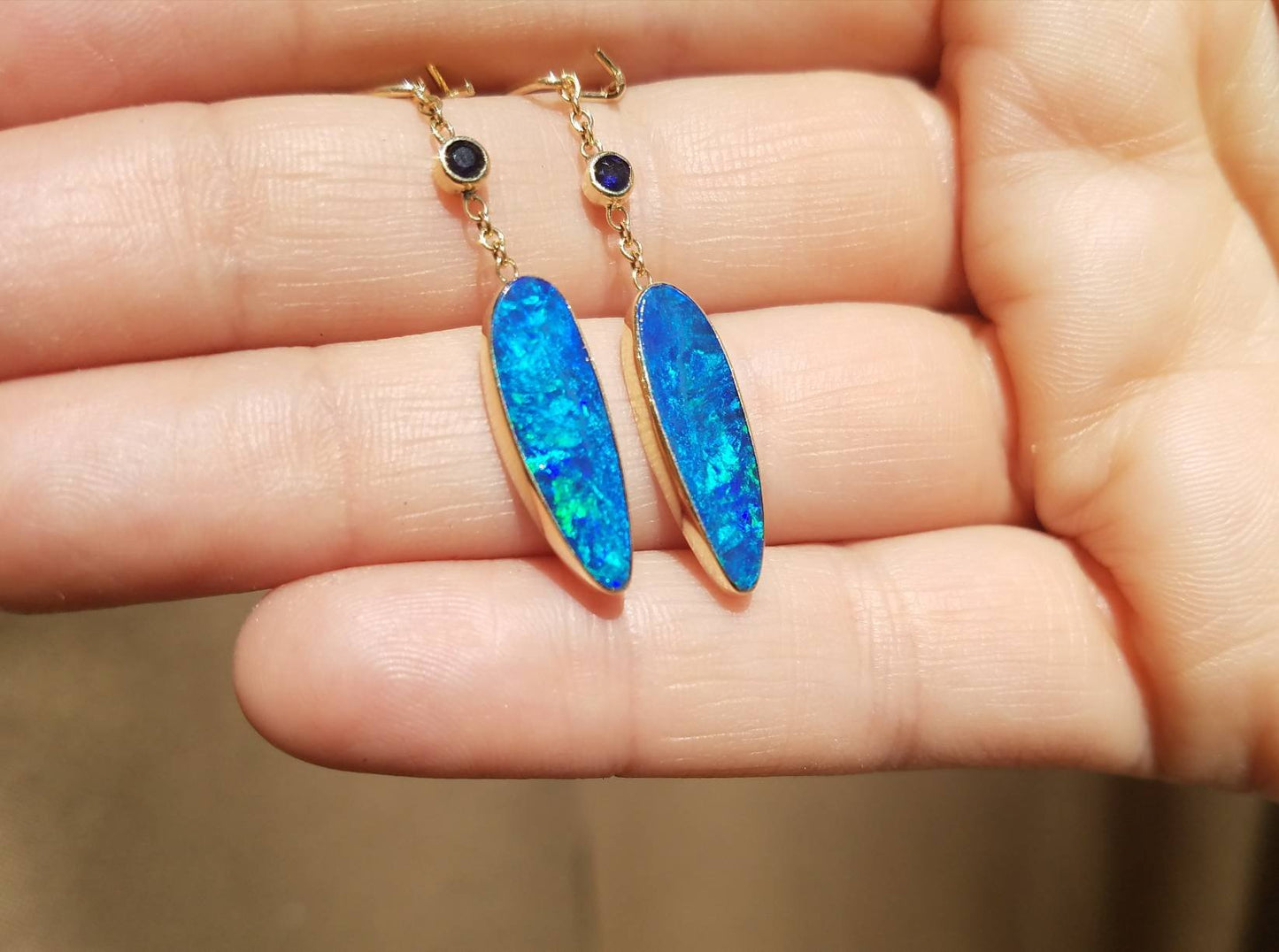 Blue Opal Dangle Earrings - 14k Gold
