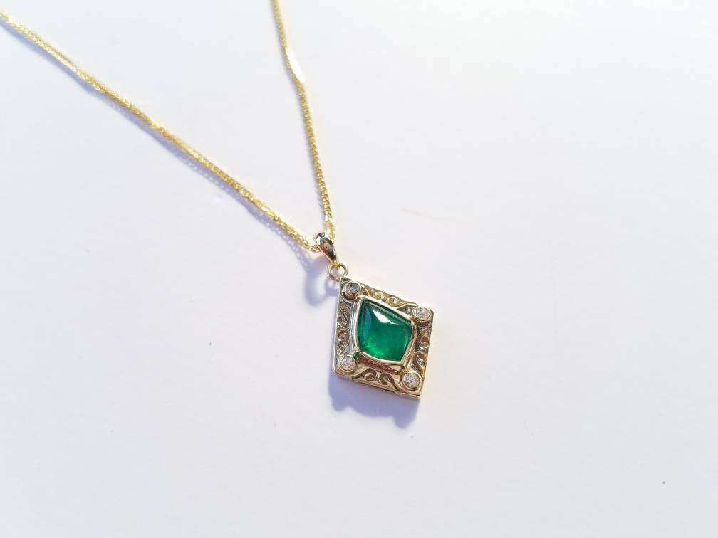 Emerald and Diamond Pendant - 14k Gold #1515
