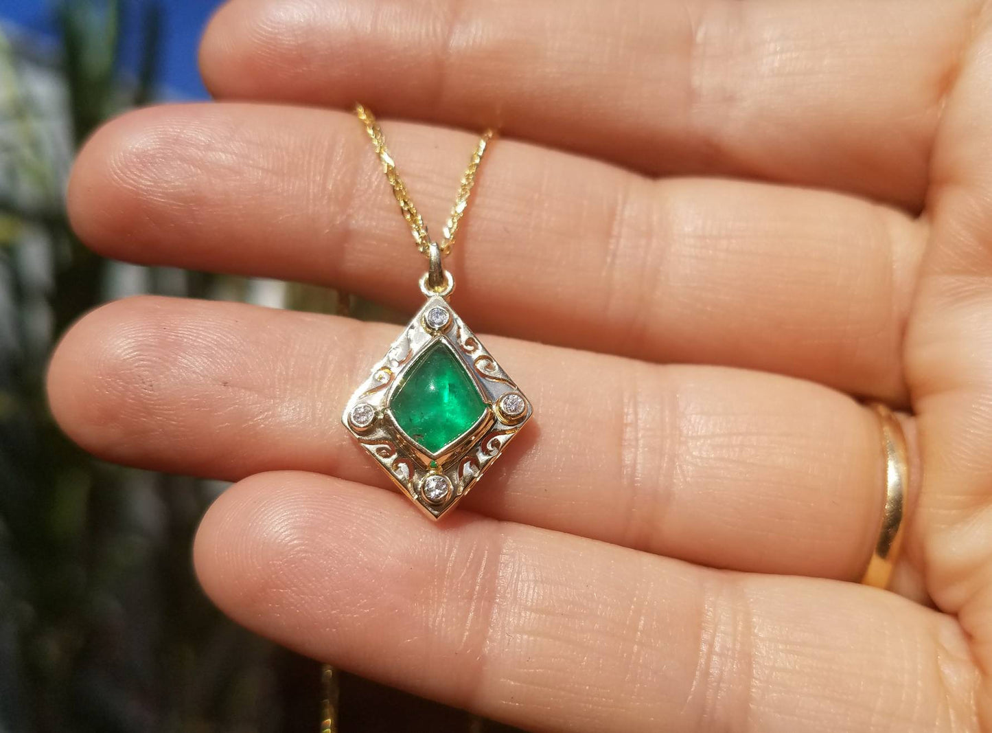Emerald and Diamond Pendant - 14k Gold #1515