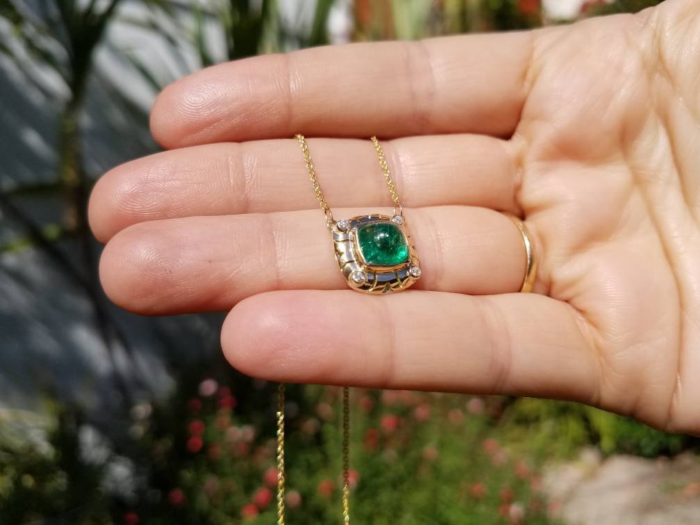 Emerald & Diamond Pendant - 14k Gold #1517