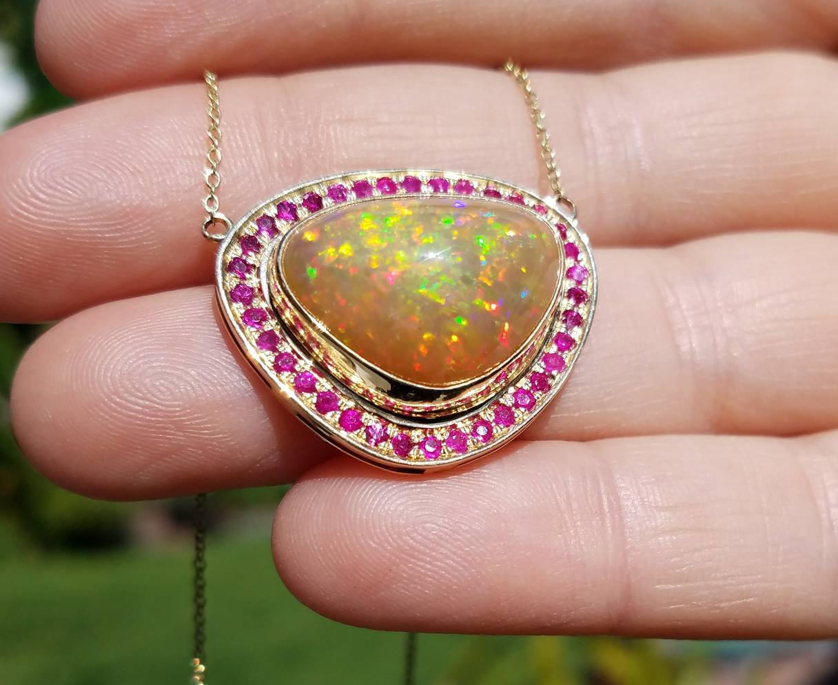 Opal & Ruby 14k Gold Pendant Split Chain Necklace #1501