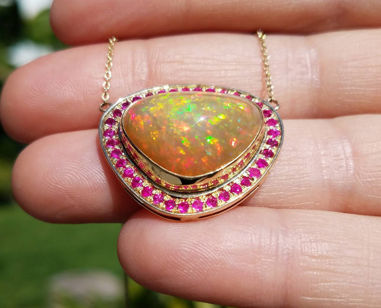 Opal & Ruby 14k Gold Pendant Split Chain Necklace #1501