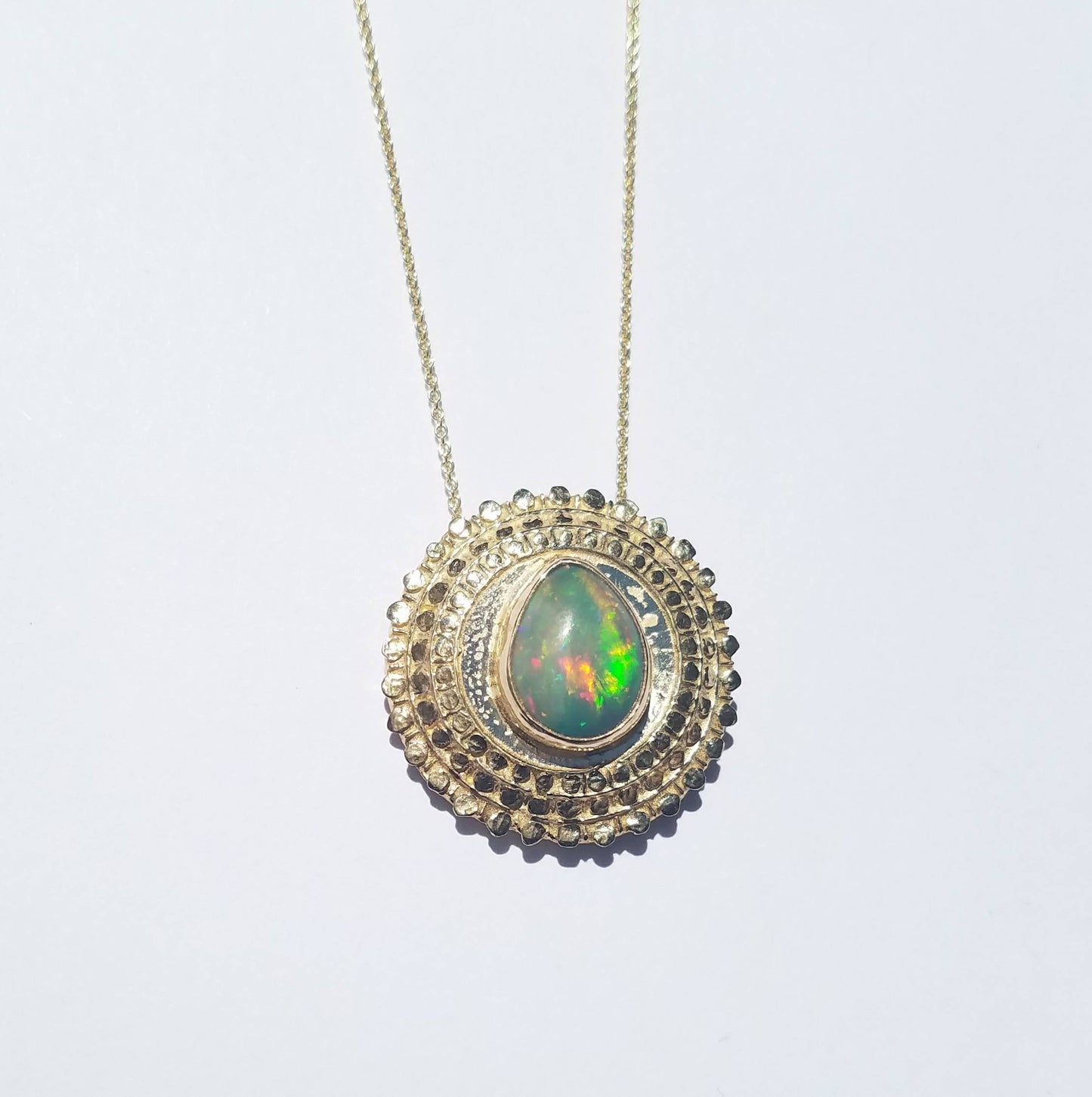 Opal Medallion Pendant 14k Gold Necklace