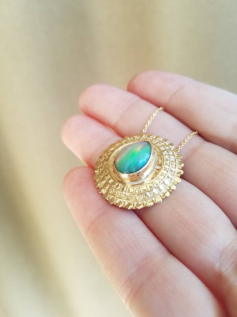 Opal Medallion Pendant 14k Gold Necklace