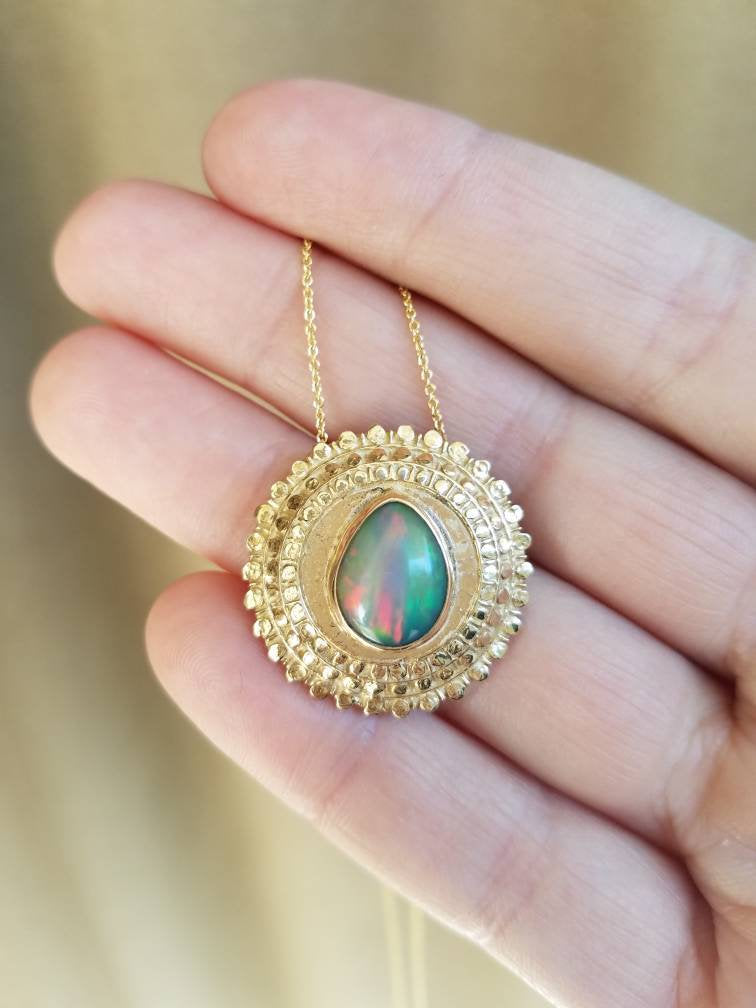 Opal Medallion Pendant 14k Gold Necklace