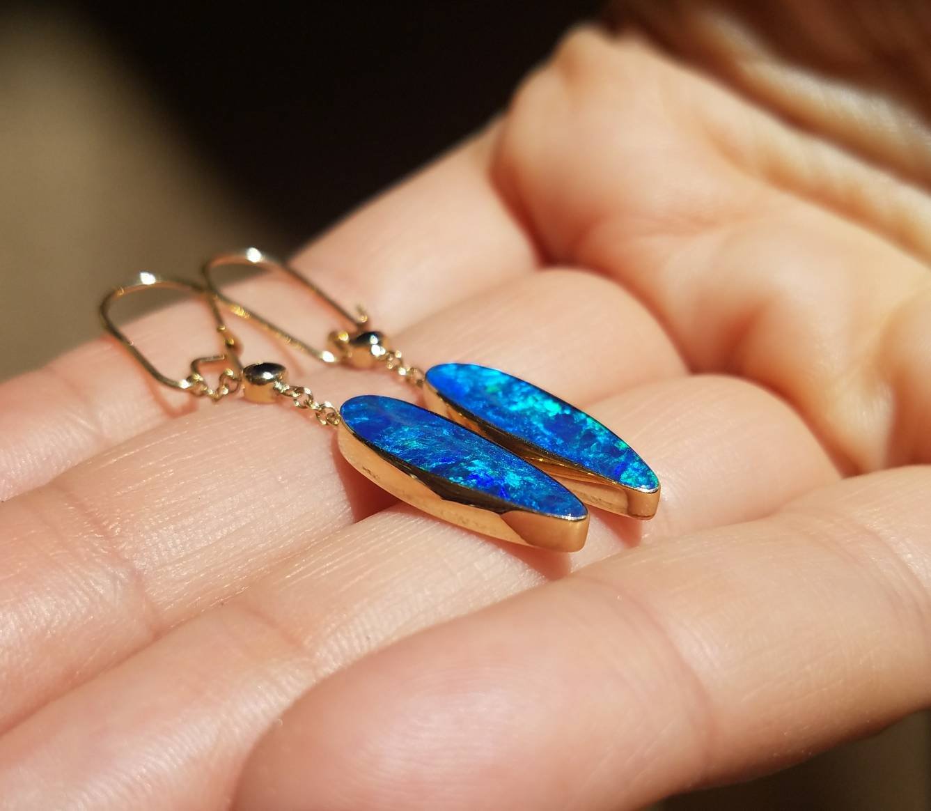 Blue Opal Dangle Earrings - 14k Gold