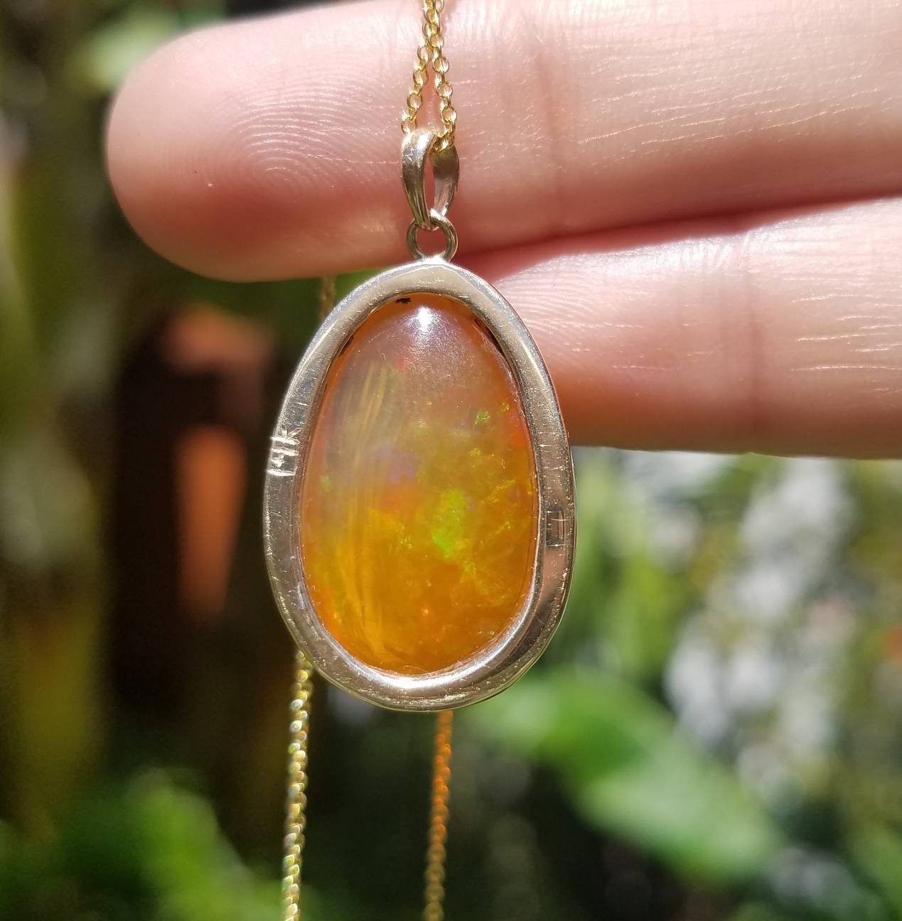 Ethiopian Orange Opal Pendant Necklace - 14k Yellow Gold #1524