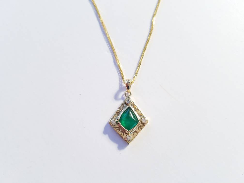 Emerald and Diamond Pendant - 14k Gold #1515