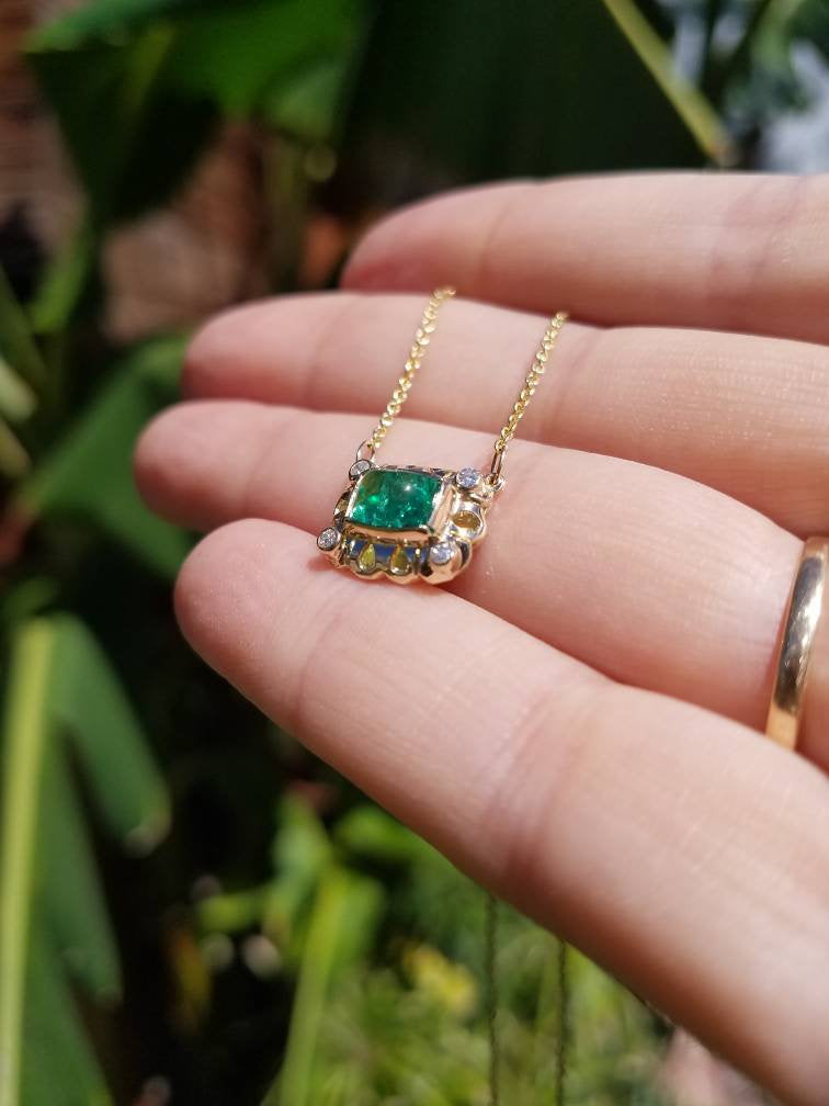 Emerald and Diamond Pendant - 14k Gold #1520
