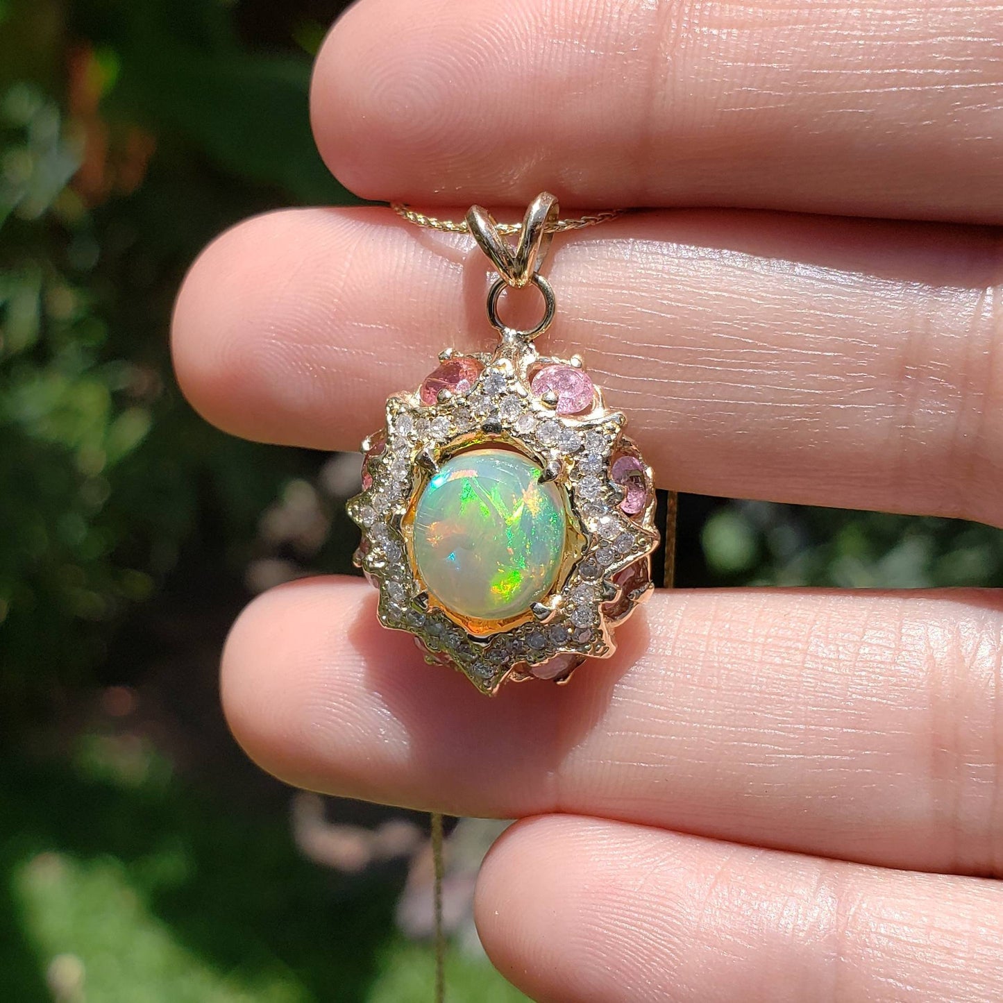 Opal & Pink Tourmaline Pendant 14k Gold #1609