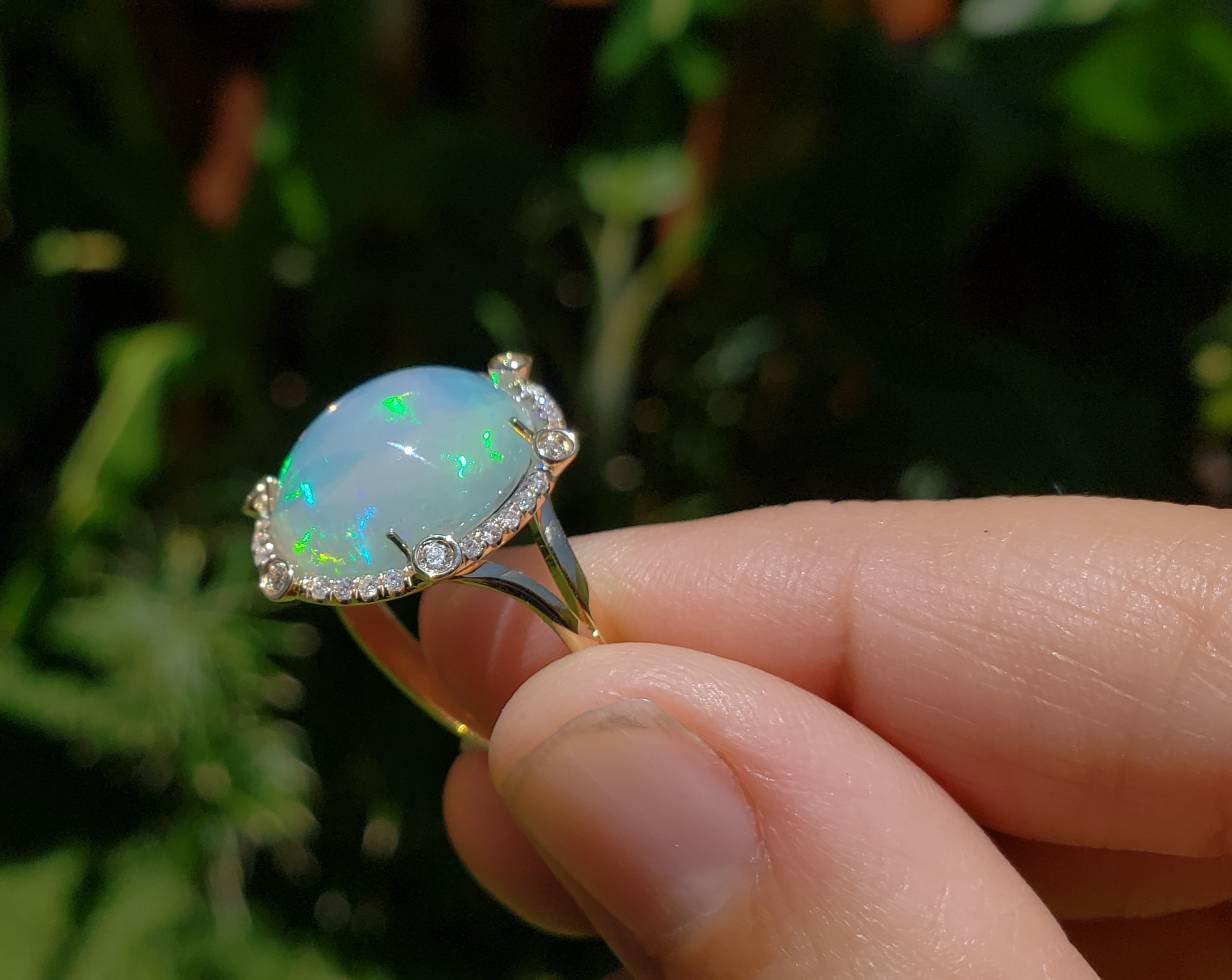 Ethiopian Opal Ring with Diamonds 14k Yellow Gold #1606