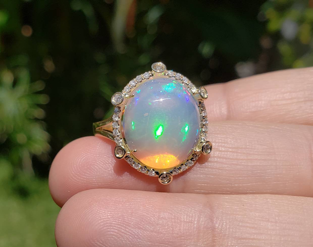 Ethiopian Opal Ring with Diamonds 14k Yellow Gold #1606