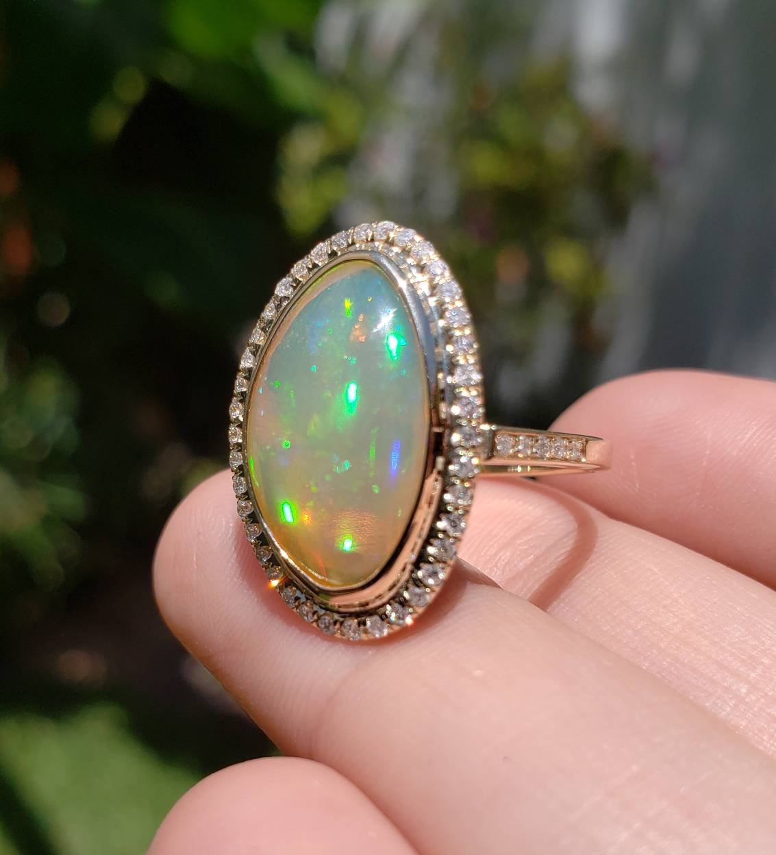 Ethiopian Opal & Diamonds Ring 14k Yellow Gold #1605