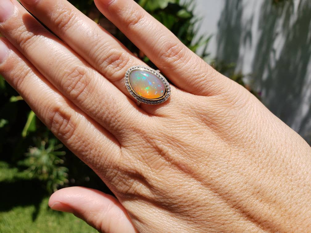 Ethiopian Opal & Diamonds Ring 14k Yellow Gold #1605