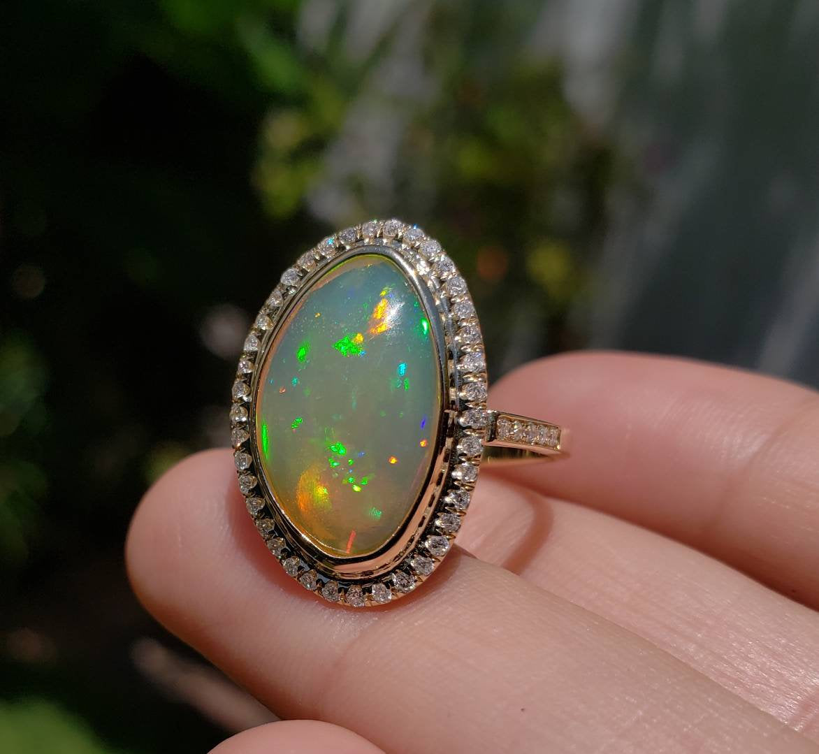 Ethiopian Opal & Diamonds Ring 14k Yellow Gold #1605