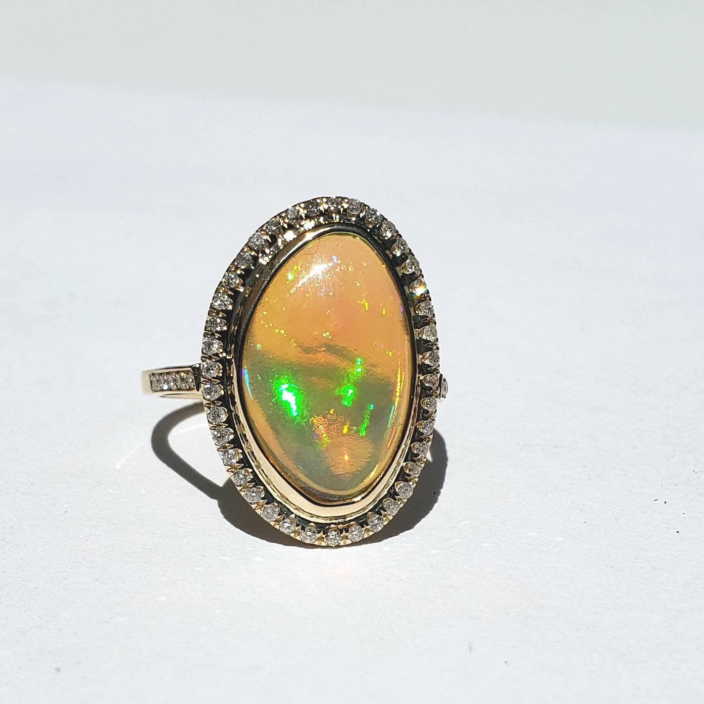 Ethiopian Opal & Diamonds Ring 14k Yellow Gold #1605
