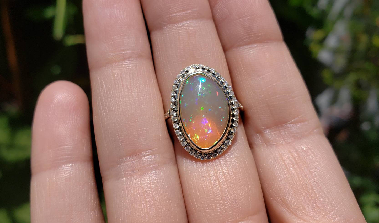 Ethiopian Opal & Diamonds Ring 14k Yellow Gold #1605