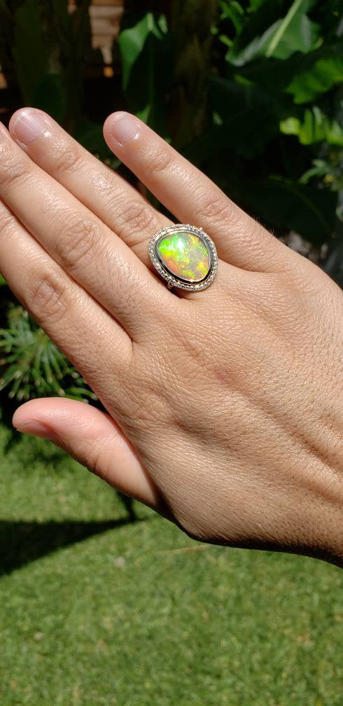 Ethiopian Opal Ring with Diamonds 14k Yellow Gold - Size 8 #1604