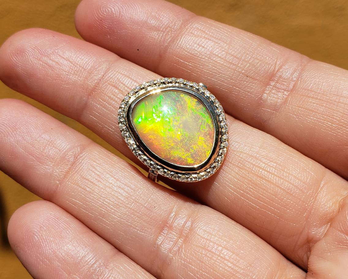 Ethiopian Opal Ring with Diamonds 14k Yellow Gold - Size 8 #1604