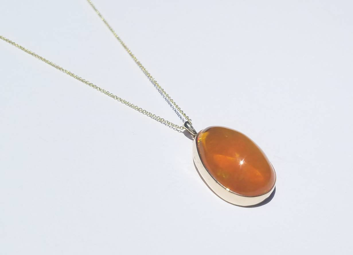 Ethiopian Orange Opal Pendant Necklace - 14k Yellow Gold #1524