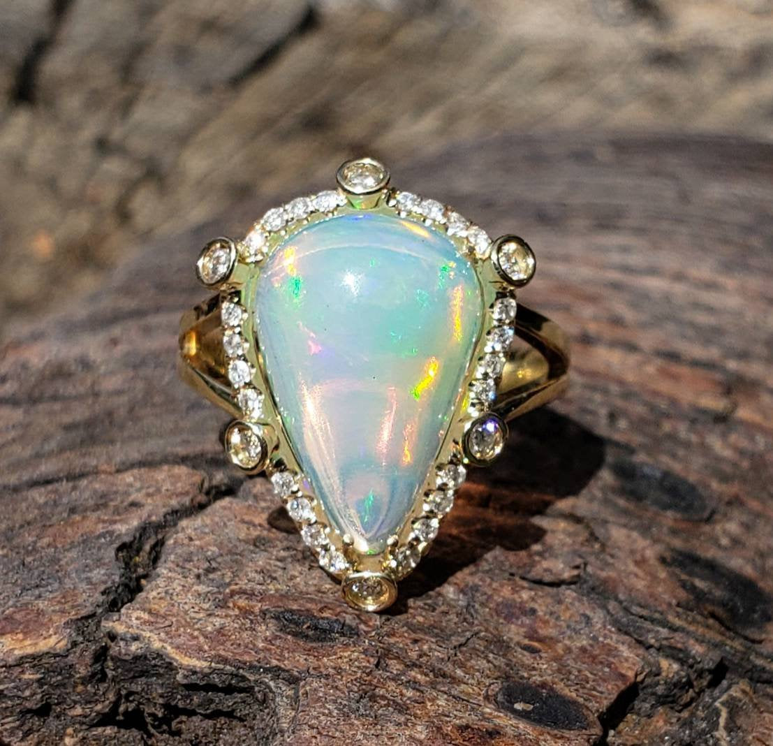 Ethiopian Opal Ring with Diamonds 14k Yellow Gold #1601