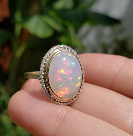 White Opal & Diamond Ring 14k Gold #1600