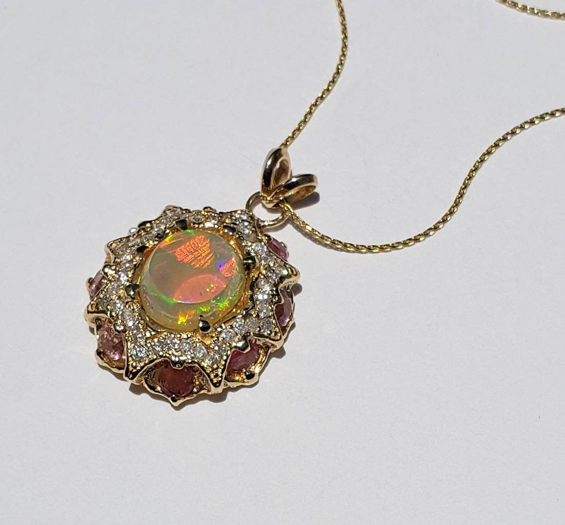 Opal & Pink Tourmaline Pendant 14k Gold #1609