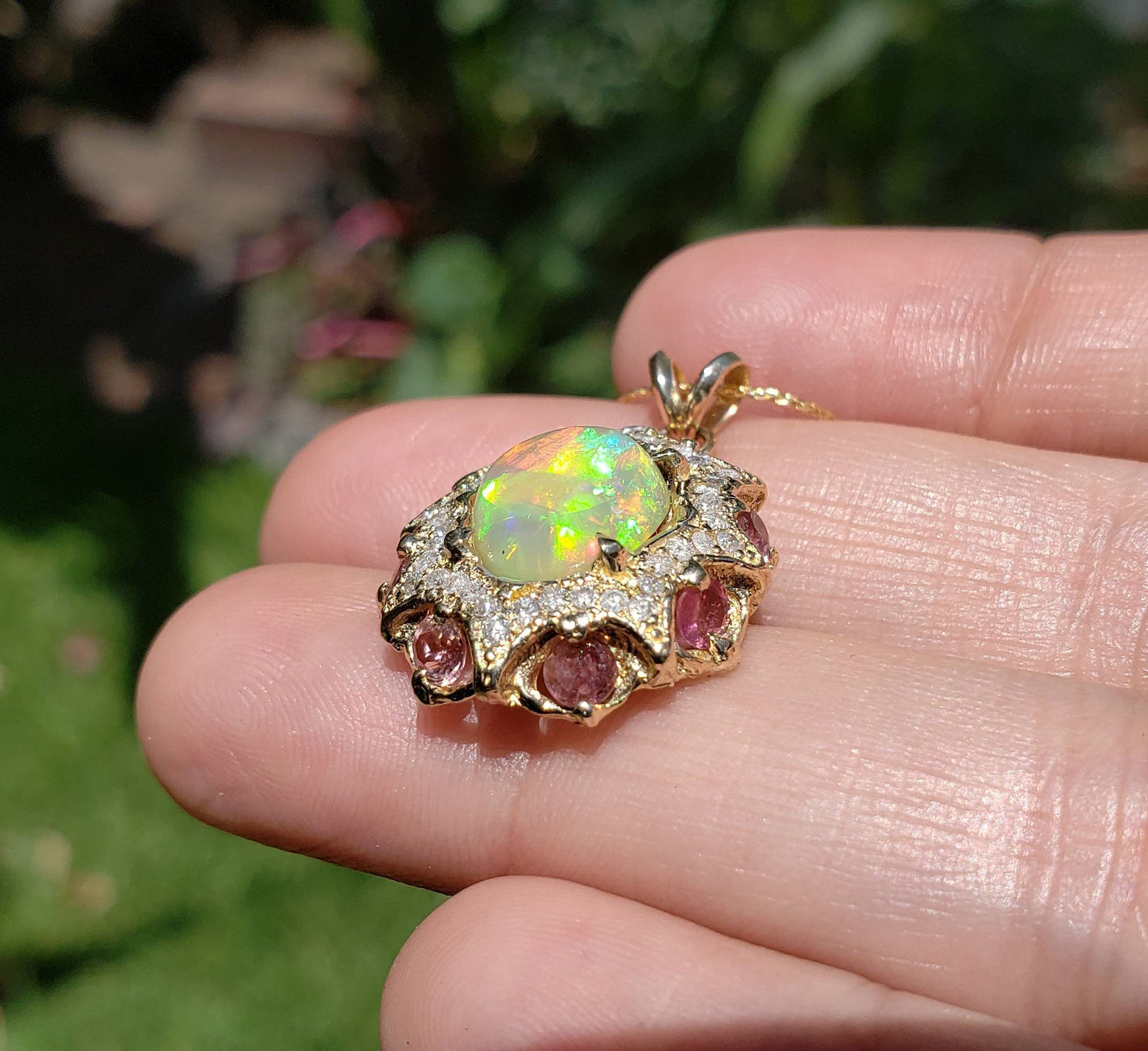 Opal & Pink Tourmaline Pendant 14k Gold #1609