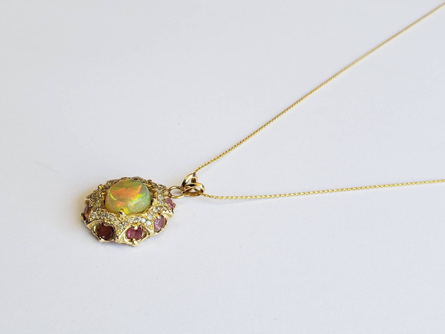 Opal & Pink Tourmaline Pendant 14k Gold #1609
