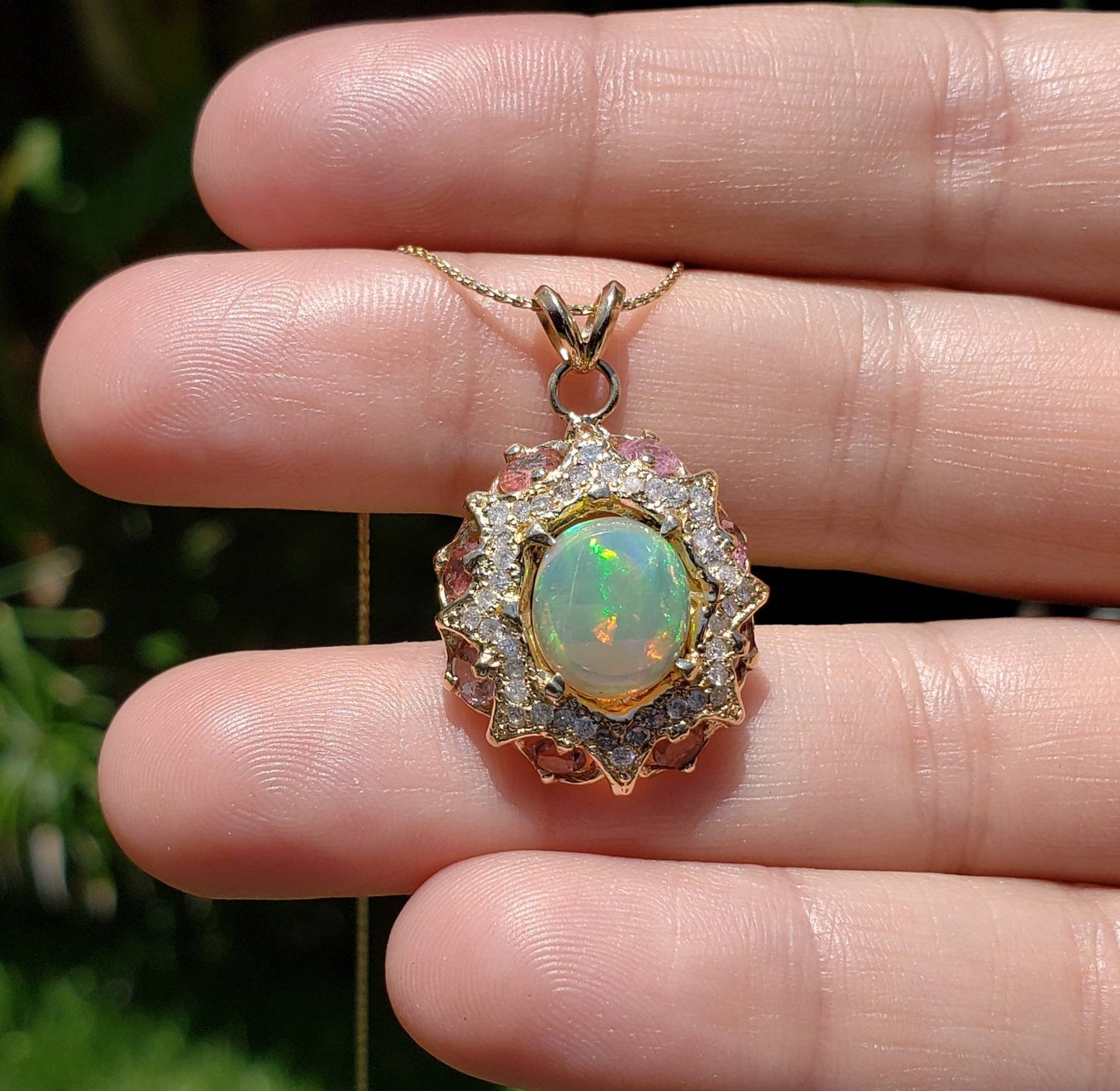 Opal & Pink Tourmaline Pendant 14k Gold #1609